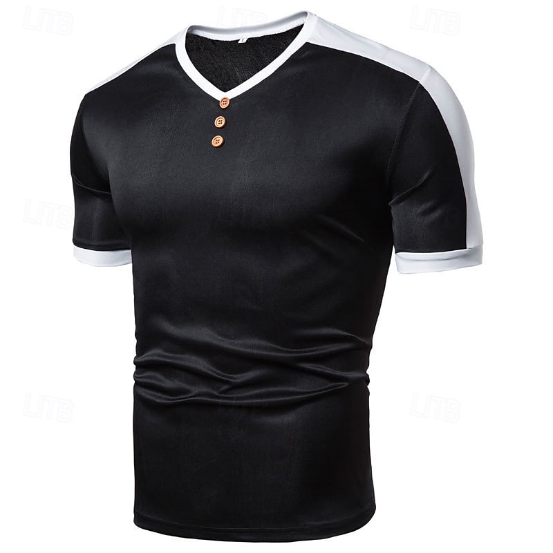 Herren T-Shirt mit Knöpfen T Shirt T-Shirt Kurzarmshirt Kurzarm V Ausschnitt Sommer Frühling Farbblock Mode Designer Basic Knöpfe Urlaub Straße Ausgehen Schwarz Weiß Wein Top T-Shirt für Herren 2025 - $10.99 –P5