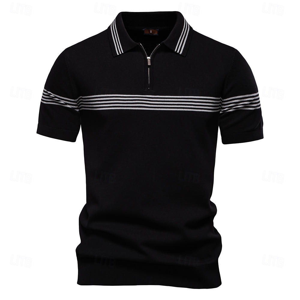 Men's Polo Knit Polo Sweater Formal Work Turndown Quarter Zip Short Sleeve Striped Zip Up Stripe-Trim Spring Black White Khaki Polo 2025 - $28.99 –P19