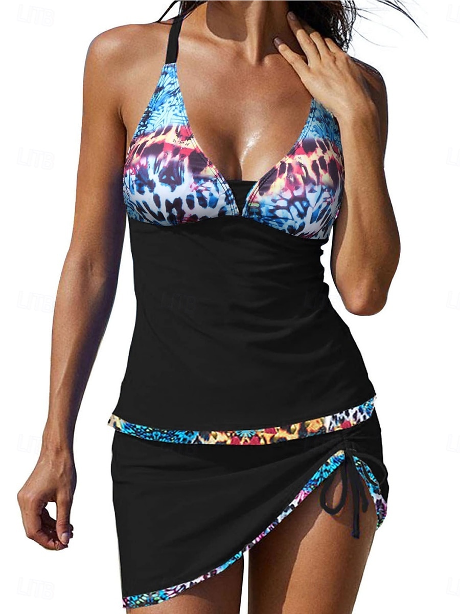 Dame Badetøy Tankini 2 stk Skjørt Badedrakt Åpen rygg Høy Midje Ferie Strand Klær Blomstret Leopard V-hals Ermeløs Badedrakter 2025 - $31.99 –P9