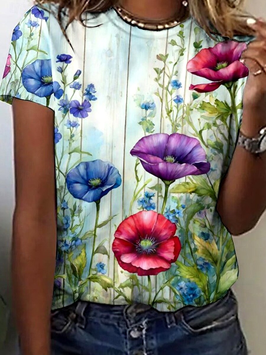 Per donna maglietta Floreale Pop art Elegante Vintage Di tendenza Manica corta Rotonda Top regolari Giornaliero Per uscire Fine settimana Stampa Blu Estate del 2025 a $19.99 –P3