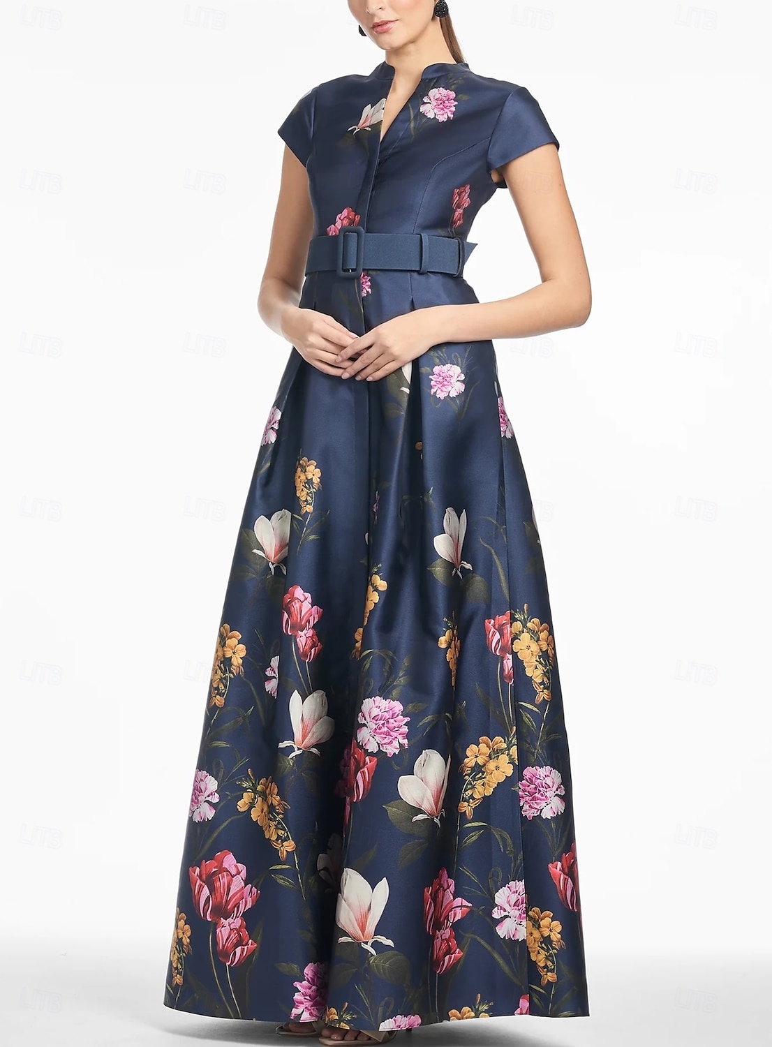 Vestido de Festa A-Line com Fenda Alta para Convidadas de Casamento Comprimento de Chão Manga Curta Decote V Bolso de Cetim com Estampa Floral Vestido com Fenda Vestido para Dia de Corrida Vestido de 2025 por $179.99 –P4