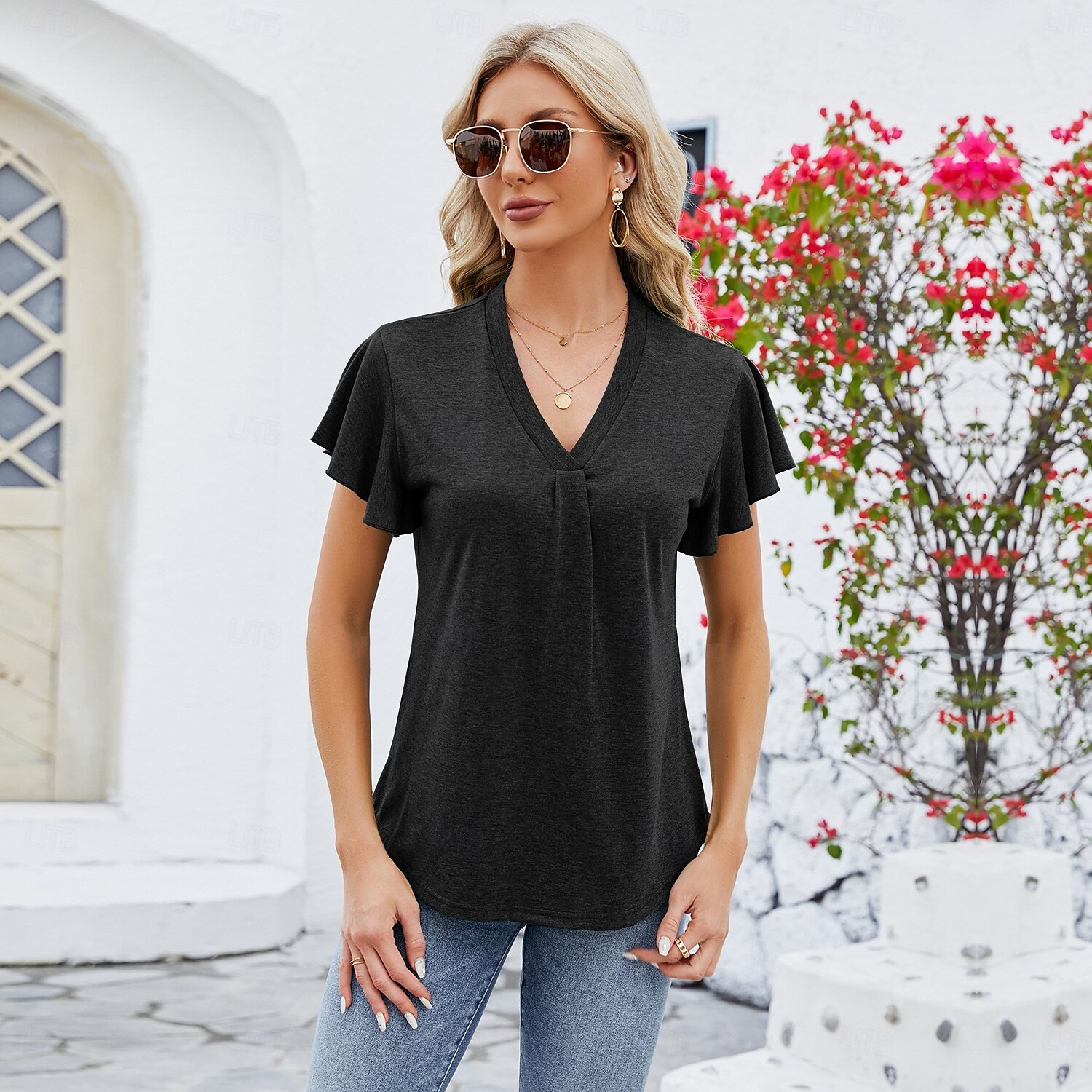 Dame Boho T-skjorte عادي Bohem søt stil Stilfull Kortermet Sommerfuglermer V-hals Vanlige topper Daglig Ut på byen Helg Drapering Svart Hvit Rosa Blå Fuksia Sommer 2025 - $26.99 –P12