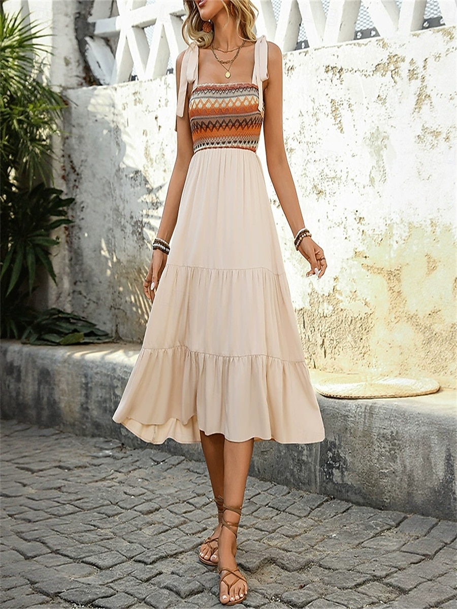 Women's Midi Dress Summer Dress Elegant Stylish Flowy Vacation Home Date Loose Fit Graphic Sleeveless Strap Apricot Summer 2025 - GBP £27.29 –P2