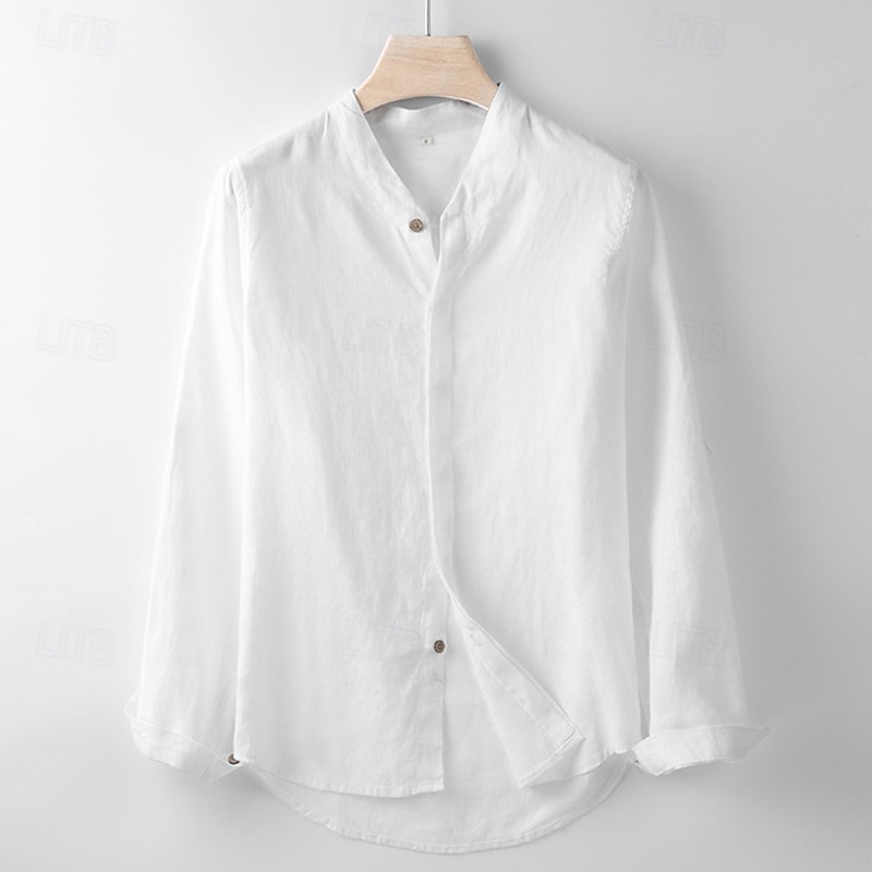 Men's Shirt Linen Shirt Casual Shirt Button Up Shirt Plain Vacation Hawaiian White Navy Blue Beige Long Sleeve Band Collar Spring Fall Clothing Apparel Button-Down 2025 - $94.99 –P6