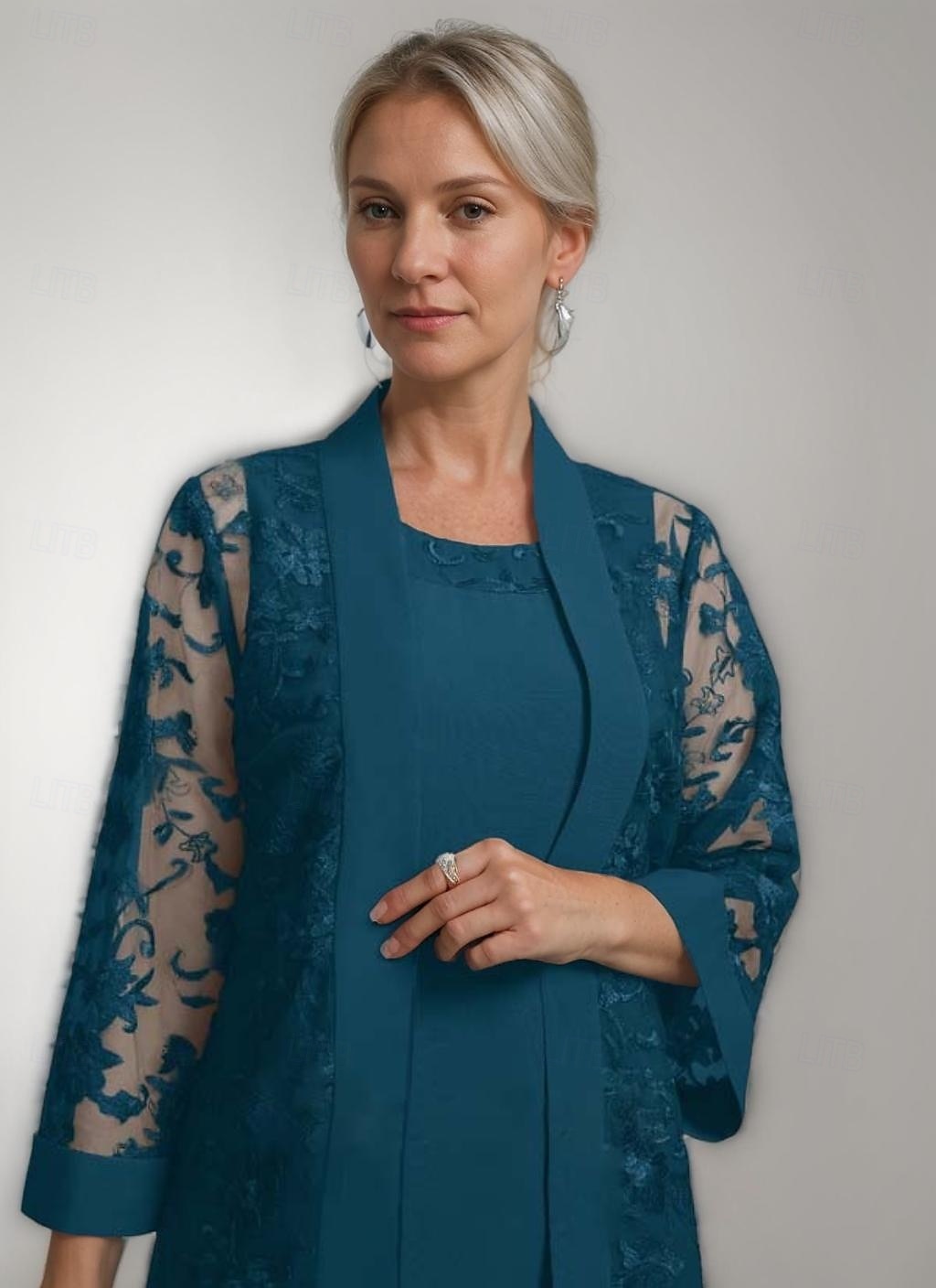 Mother of the Bride Dress Set Elegant Vintage Simple Jewel Neck Tea Length Chiffon FLoral Lace Long Sleeve with Jacket 2025 - $185.99 –P5