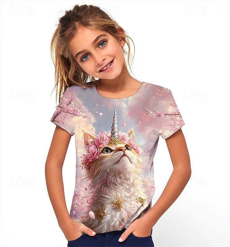 Dla dziewczynek 3D Graficzny Kot Podkoszulek T-shirt Krótki rękaw Lato Wiosna Moda Podstawowy Dzieci 4-12 lat Półgolf Na zewnątrz Codzienny Regularny 2025 - $11.99 –P1