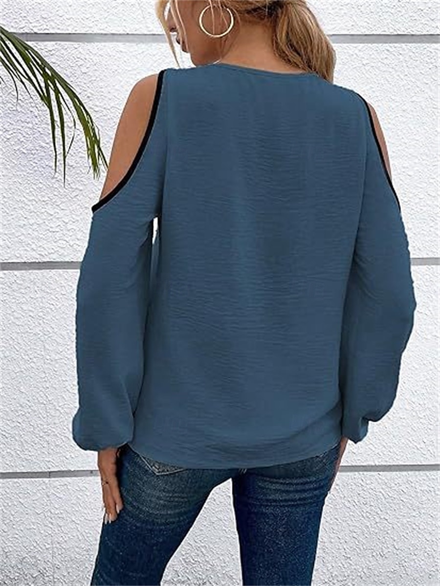 Damen Hemd Bluse Farbblock Elegant Täglich Stilvoll Langarm Laternenärmel U-Ausschnitt Normale Oberteile Arbeit Täglich Festtage Patchwork Wein Blau Beige Frühling Herbst 2025 - $26.99 –P14