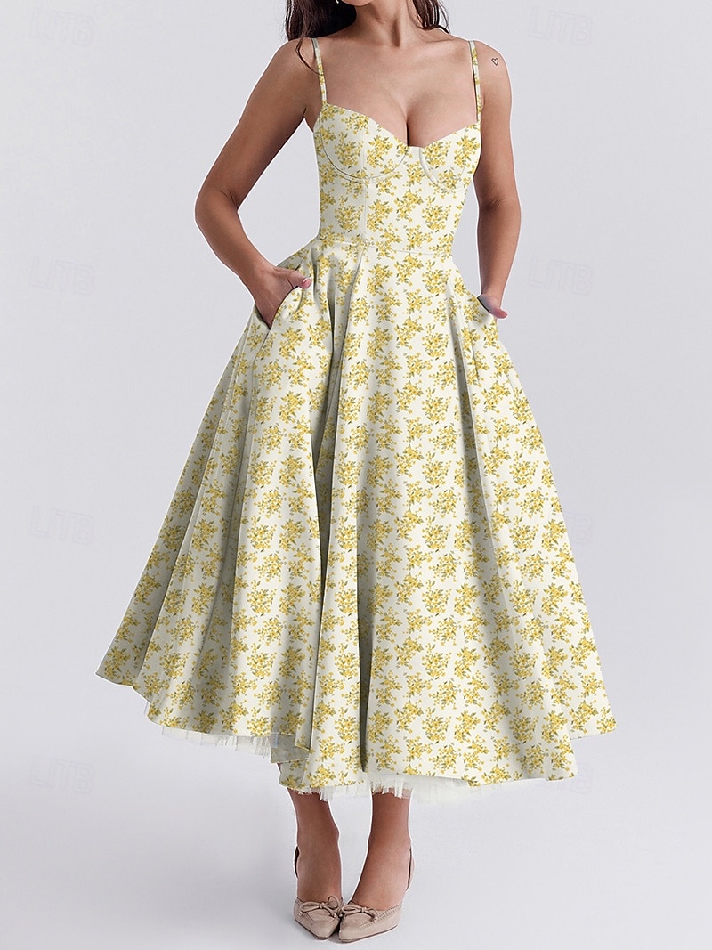 Retro Vintage 1950s Midi Dress Flare Dress Spaghetti Strap Corset Floral A-Line Women's Masquerade Wedding Vacation Tea Party Adults' Dress 2025 - GBP £21 –P15