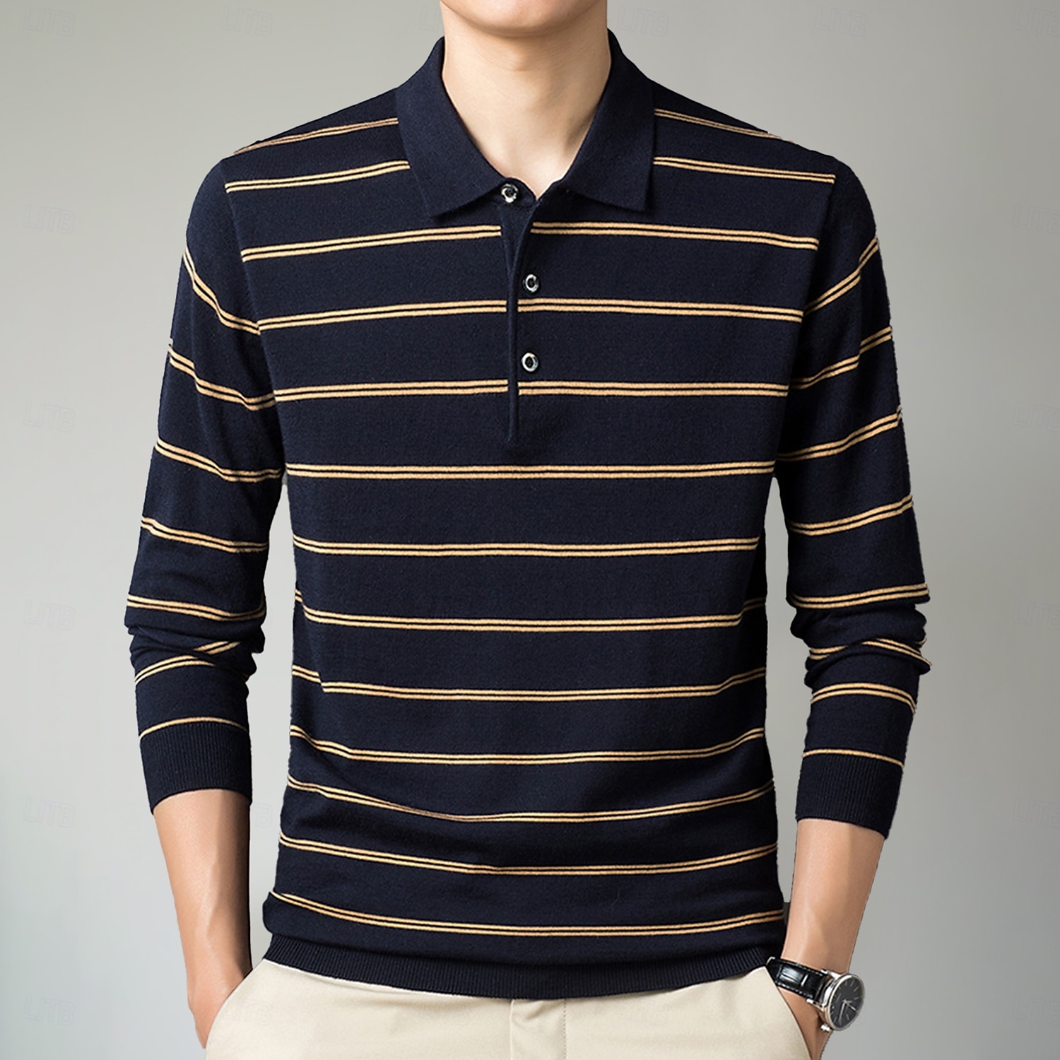Herren-Poloshirt aus Wolle, Strick, Polopullover, formell, Arbeit, Umlegekragen, langärmlig, modern, bequem, gestreift, Knöpfe, Streifen, Frühling, Frühling & Herbst, normale Passform, Marineblau, Blau, Dunkelgrün, Braun, Polo 2025 - $31.99 –P9