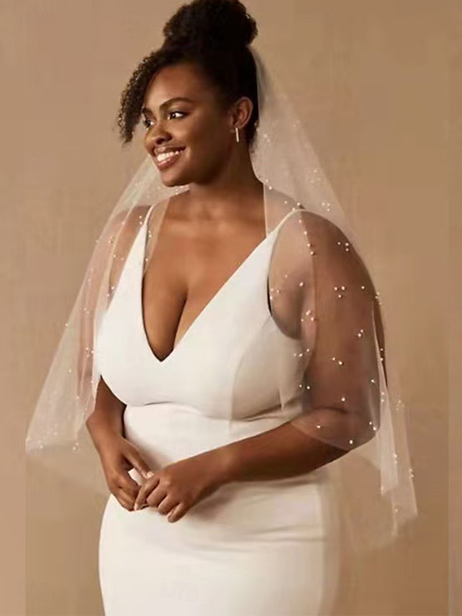 Voile de mariage contemporain  stylé à un niveau voiles jusqu'au coude avec tulle à perles synthétiques de 2025 ? $21.99 –P1