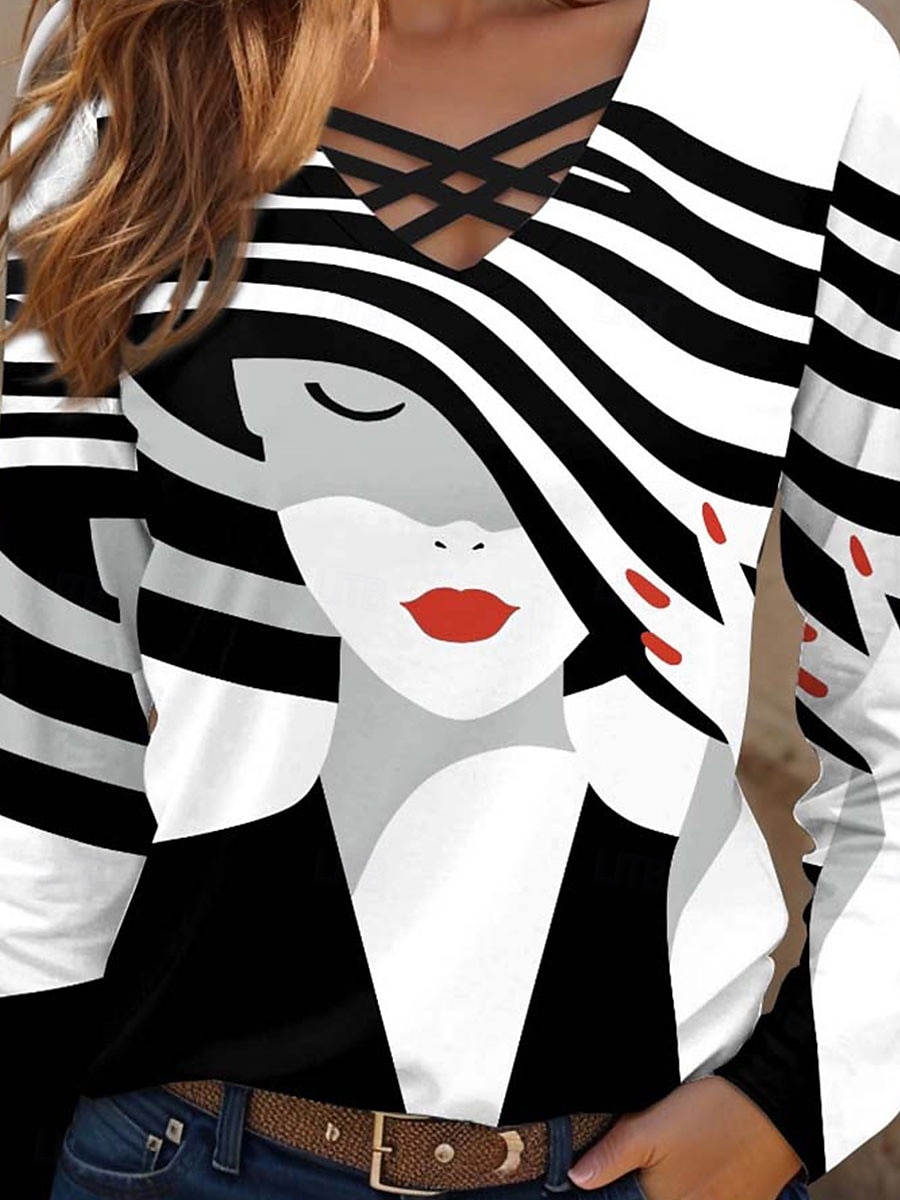 Femme T shirt Graphic Géométrique Décontractées manche longue Col V Hauts réguliers du quotidien Découpé Imprimer Noir et blanc Printemps Automne de 2025 ? $22.99 –P3