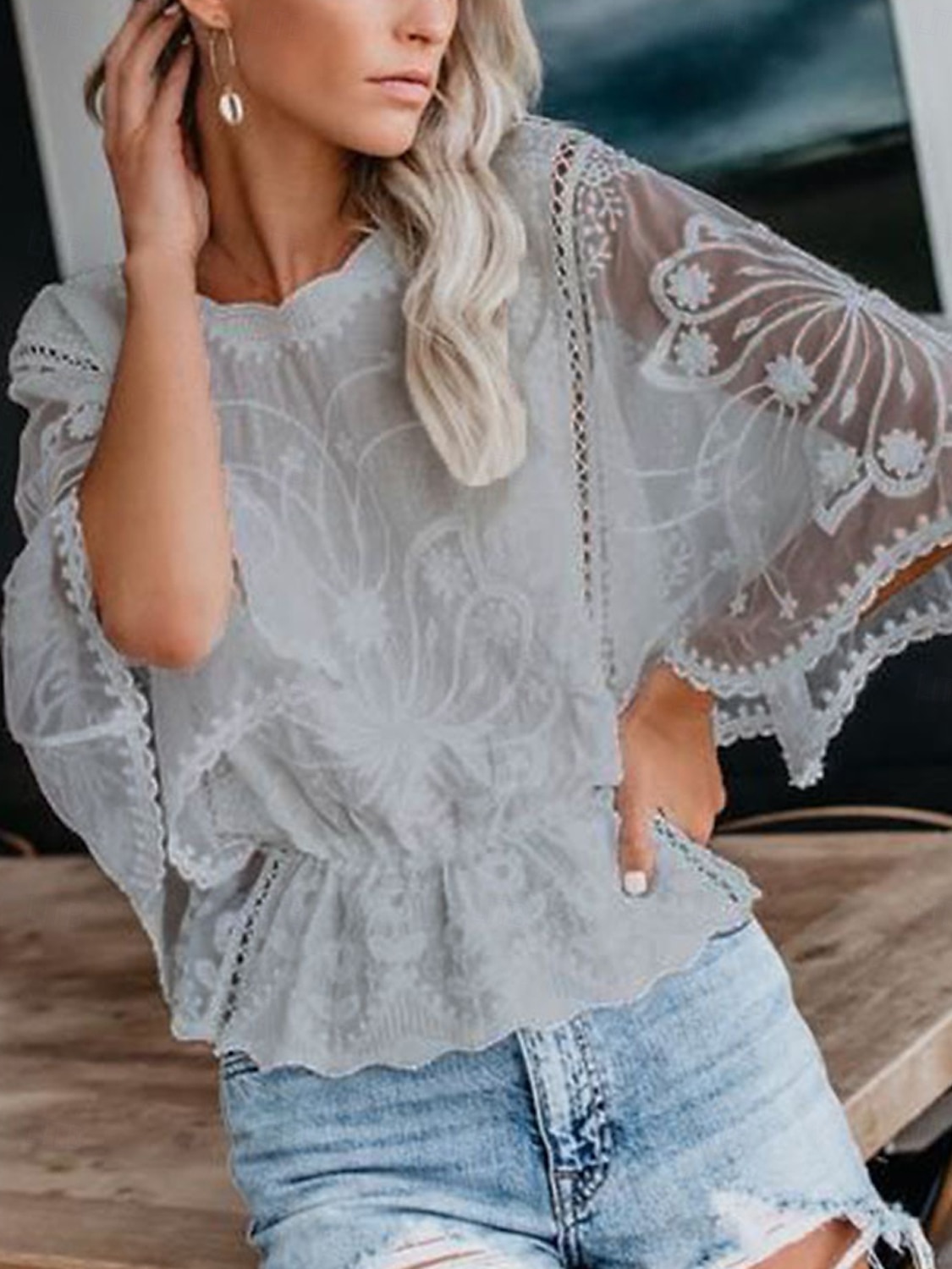 Per donna Camicia Camicia in pizzo Top con cuciture in pizzo Blusa Tinta unica Elegante Moda Informale Mezza manica Maniche ad aletta Girocollo Top regolari Invitati del matrimonio Giornaliero Per del 2025 a $27.99 –P5