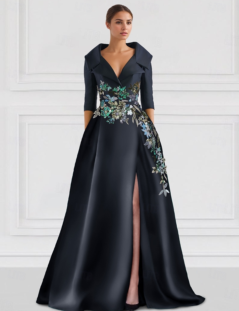 abito da sera a trapezio floreale blu ricamato elegante abito formale da sposa lungo fino al pavimento mezza manica colletto camicia raso con spacco 2025 del 2025 a $159.99 –P4