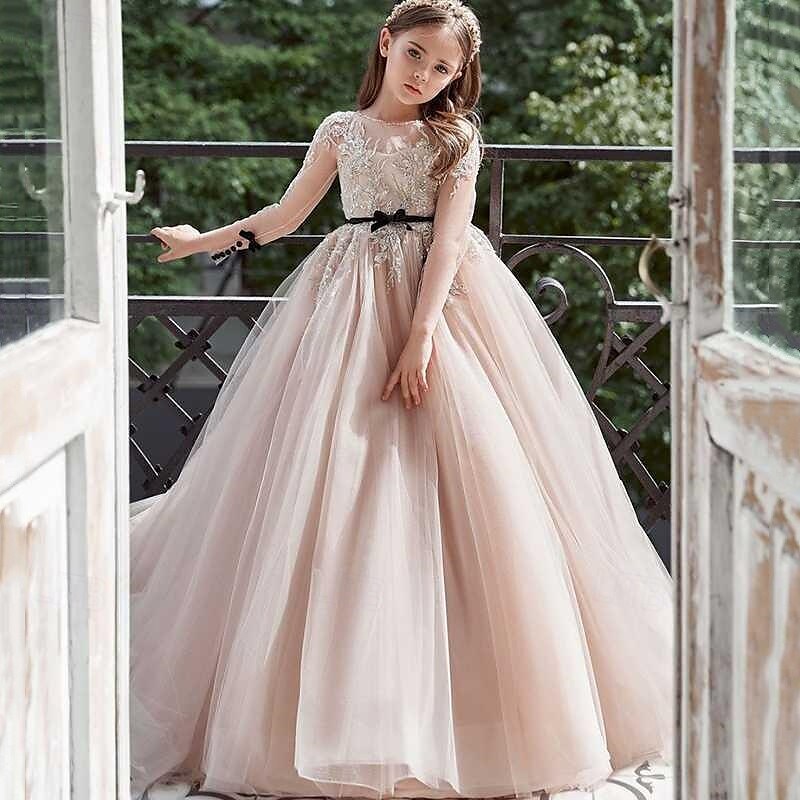 Blomsterpikekjole Barn Jente Prinsesse kjole Ytelse Bryllup Fest Elegant Vakker Netting Helfarge Langermet Crew-hals Rosa 4 år + 2025 - $75.99 –P1