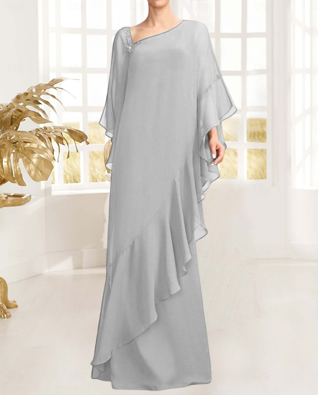 Sheath / Column Mother of the Bride Dress Elegant Vintage Simple Asymmetrical Neck Floor Length Chiffon Long Sleeve with Beading Ruffles Cascading Ruffles 2025 - $174.99 –P4