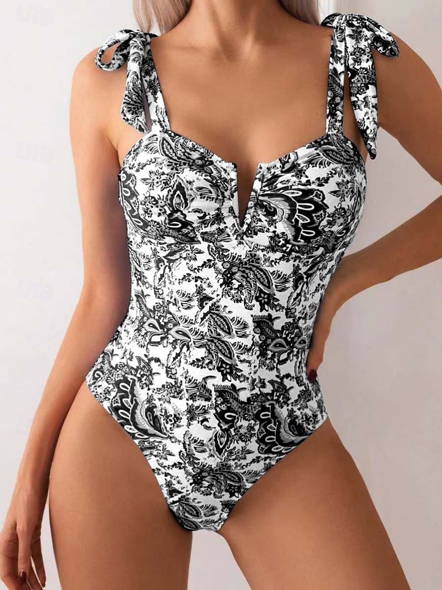 Dam Badkläder En bit Monokini Baddräkt Öppen rygg Magkontroll Hög midja Smal Semester Standkläder Blommig V-slits Ärmlös Baddräkter 2025 - $27.99 –P8