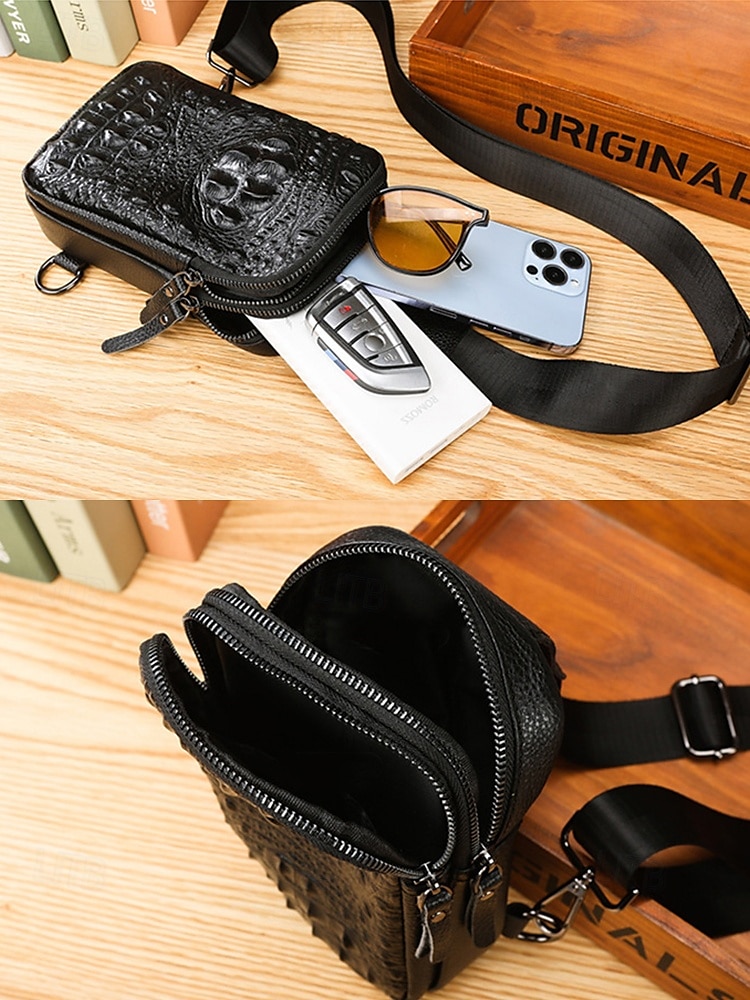svart krokodillepreget crossbody-veske i skinn for menn – kompakt slengveske med justerbar stropp for daglig bruk 2025 - $19.99 –P6
