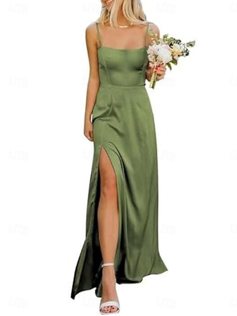 Linha A Vestido de Madrinha Com Alças Finas Sem Manga Elegante Longo Fibra Sintética com Fenda Frontal 2022 de 2025 por $137.99 –P4