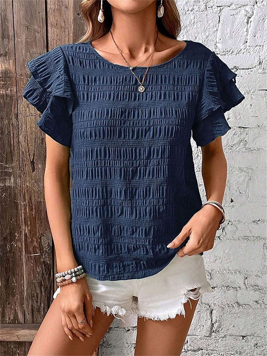 Women's Blouse Solid Color Elegant Daily Stylish Short Sleeve Crew Neck Regular Tops Daily Holiday Going out Ruffle Patchwork Sage Green Red Navy Blue Purple Green Summer Spring 2025 - $22.99 –P3