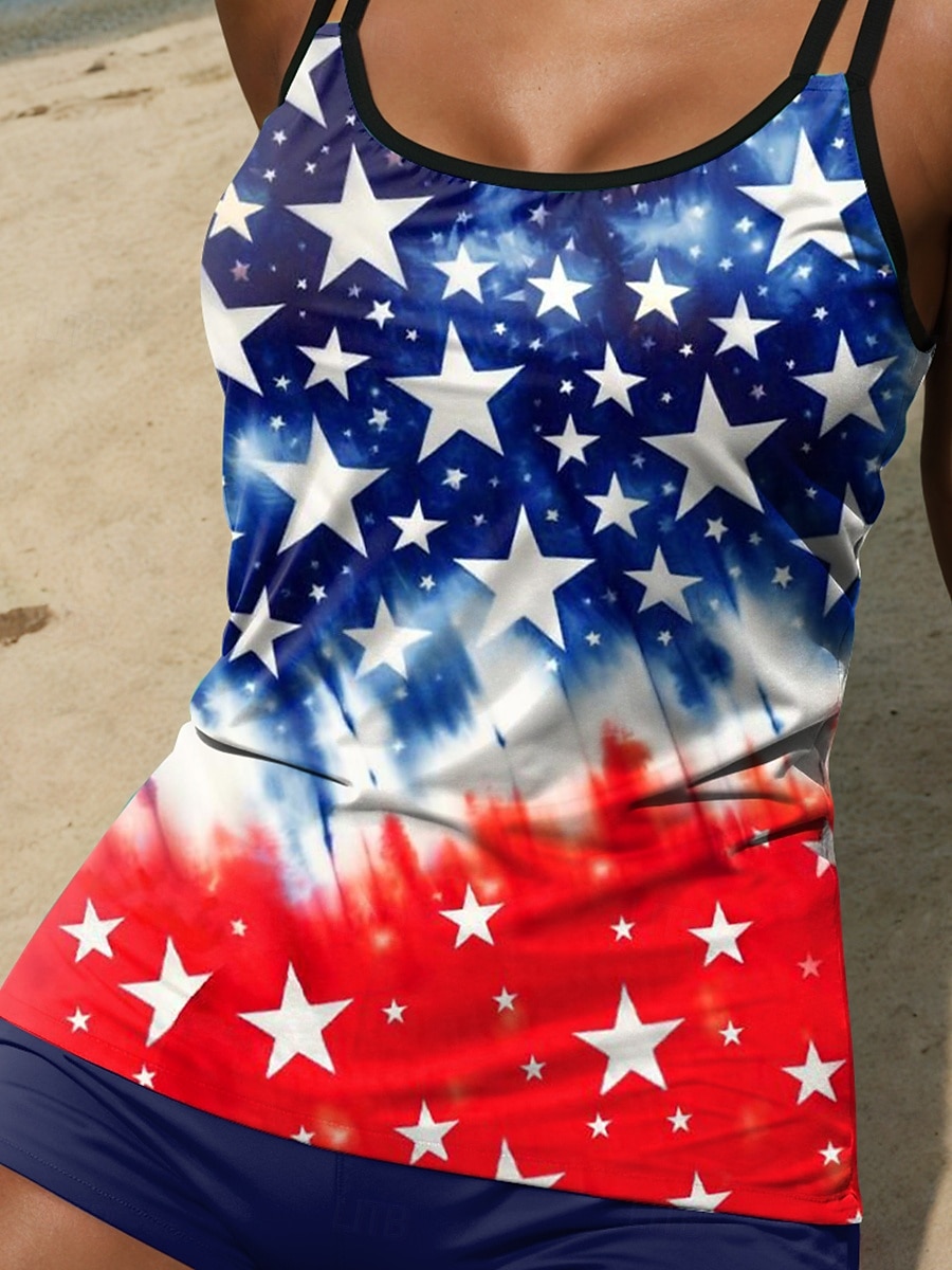 Día de la Independencia Trajes de Baño Patrióticos de Mujer Cuarta de Julio Tankini Traje de Baño de 2 Piezas Tipo Boy Leg Sin Espalda Vacaciones Playa Bandera Cuello en U Sin Mangas Trajes de Baño 2025 - $35.99 –P3