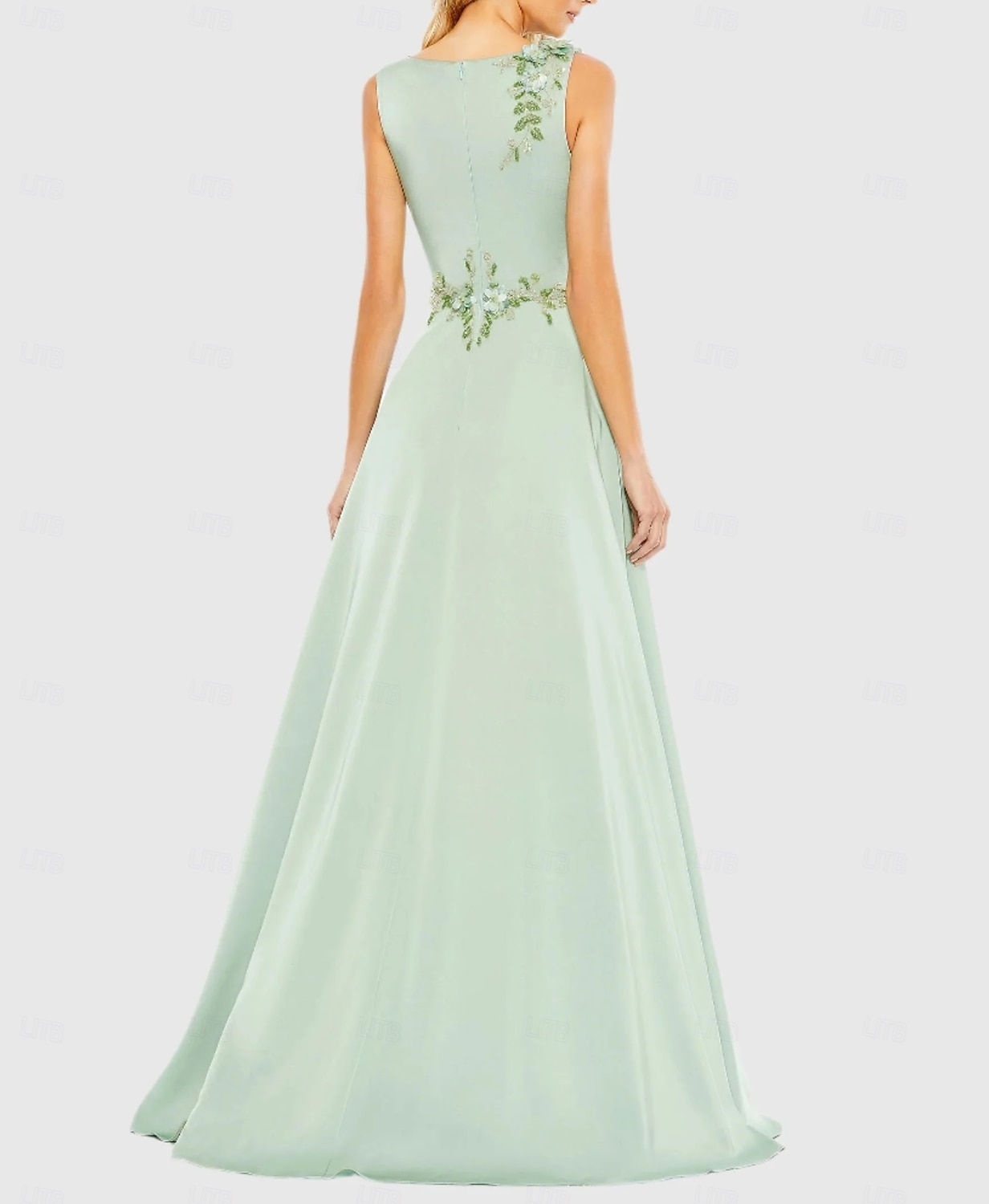 Robe de soirée A-Line verte robe élégante mariage formel longueur au sol sans manches col bijou satin avec broderie pailletée de 2025 ? $202.99 –P2