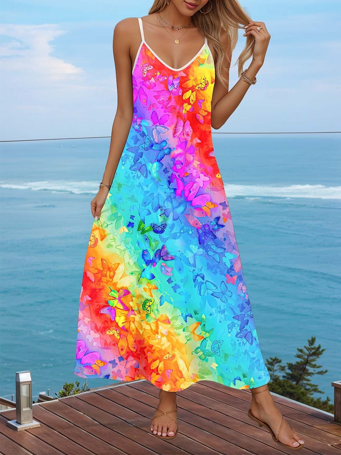 Damskie Sukienka maxi Codzienne sukienki Sukienka maxi Sukienka letnia Sukienka A line Bohema Urlop Tropikalny Urlop Codzienny Plaża Regularny Ombre Graficzny Motyl Bez rękawów W serek Colourful Lato 2025 - $34.99 –P1