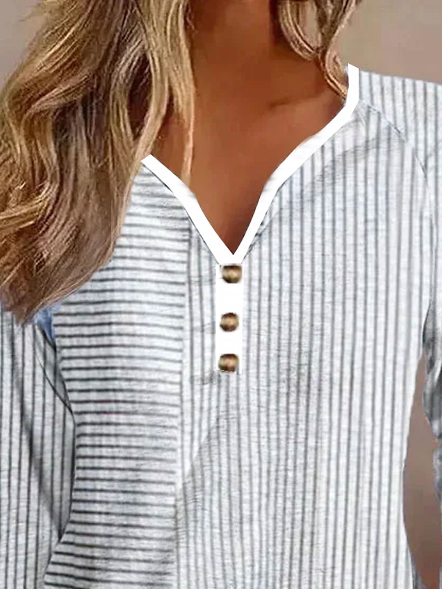 Mulheres Camiseta Listrado Casual Manga Longa Pescoço Entalhado Tops regulares Diário Imprimir Cinzento Primavera Outono de 2025 por $24.99 –P2