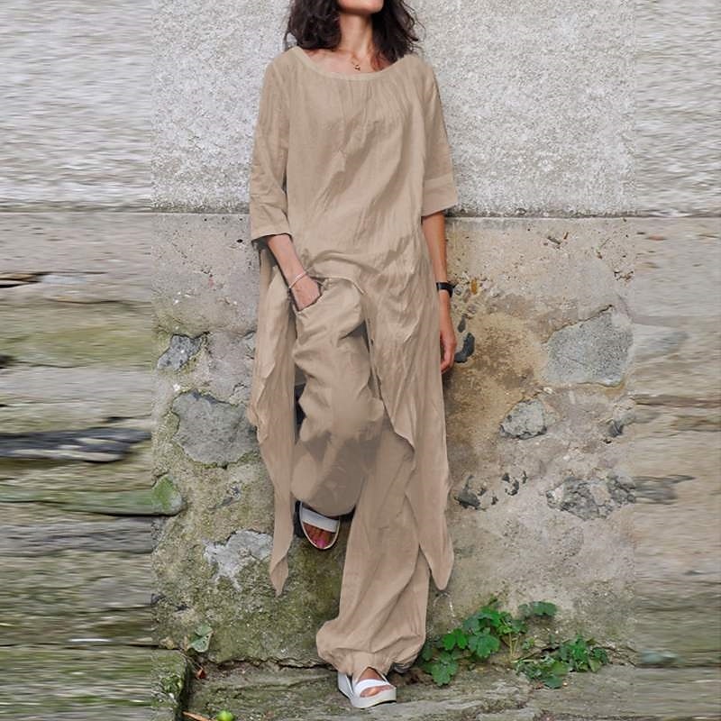 Damen Streetwear Betrübt Hemd Baumwoll-Leinen-Sets Zweiteilige Sets Leinenhosen Hosen Hose Halbarm Rundhalsausschnitt Einfarbig Kordelzug Alltagskleidung Date Armeegrün Marineblau Khaki Sommer 2025 - $29.99 –P1