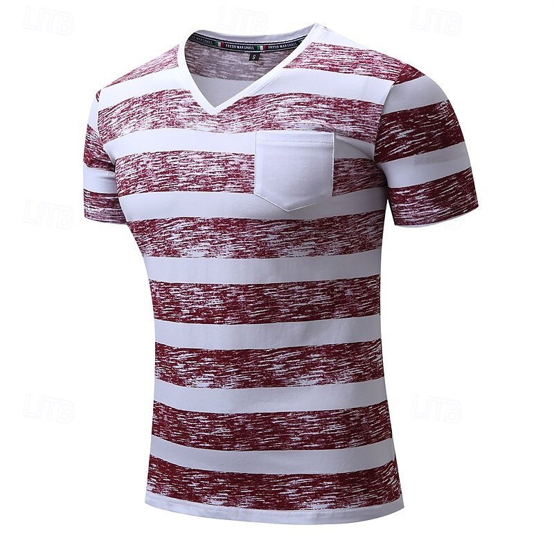 Men's T Shirt Tee Short Sleeve Shirt Tee Top Short Sleeve V Neck Summer Striped Fashion Designer Basic Pocket Vacation Street Going out Red Top Tee for Men 2025 - $17.99 –P2