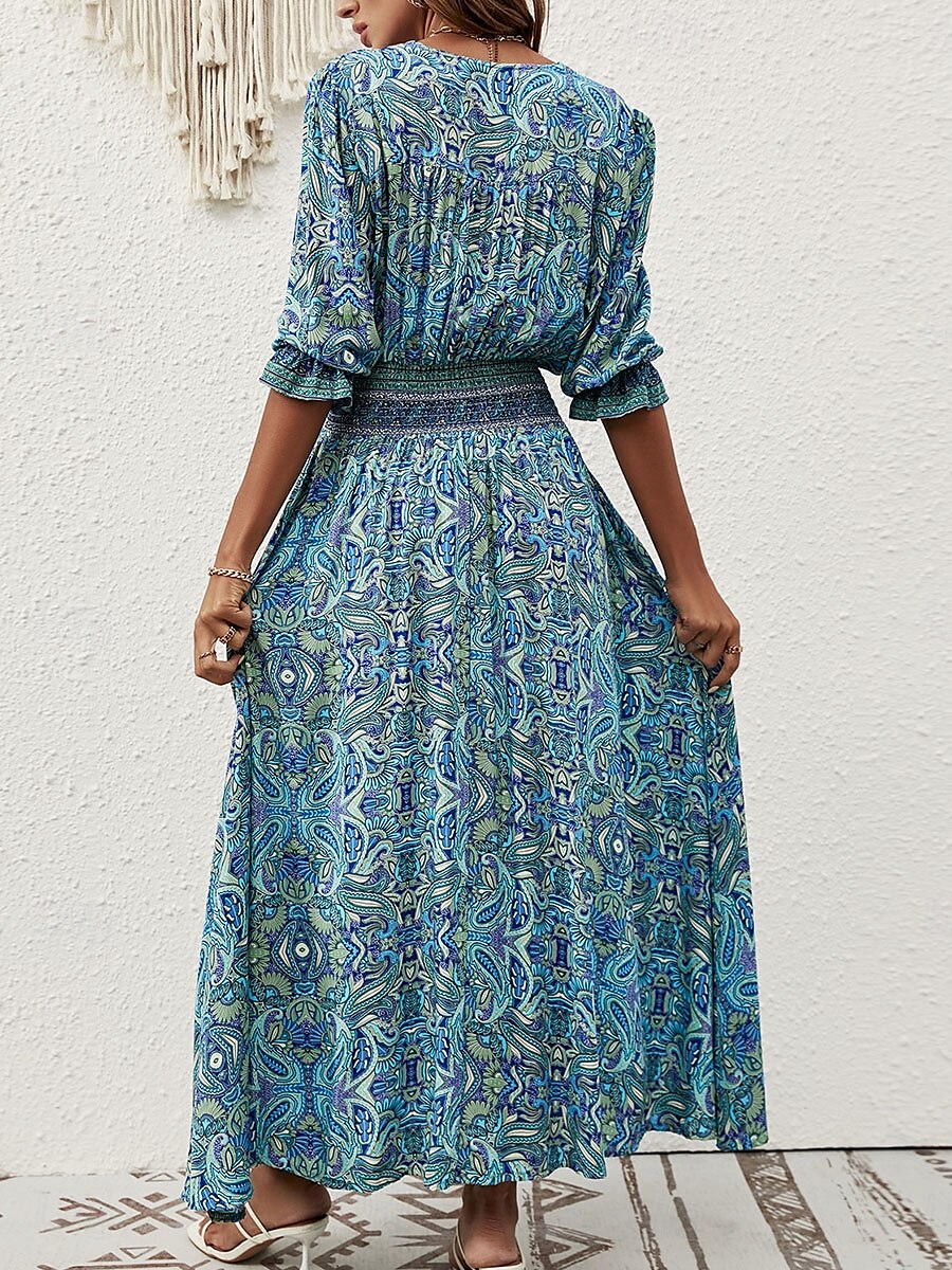 Per donna Vestito maxi Abito casual Abito Boho a maniche lunghe Abito boho Boemia Moda Essenziale Da mare Informale Giornaliero Standard Pop art Manica a 3/4 A V Marrone rossastro Blu Estate del 2025 a $42.99 –P3