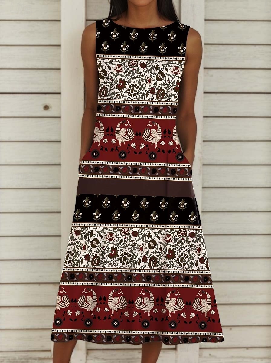 Damskie Sukienka midi Zabytkowa sukienka Sukienka paisley Sukienka etniczna Sukienka letnia Bohema Urlop Codzienny Urlop Regularny Graficzny Geometryczny Zabytkowe Bez rękawów Półgolf Czerwony Lato 2025 - $36.99 –P1