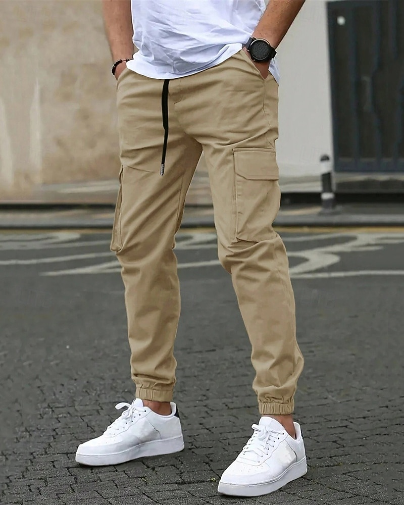 Homens Calças Cargo Calças Cintura elástica Bolso multi Tecido Vestível Ao ar livre Diário Casual Marron Escuro Preto de 2026 por $31.99 –P12