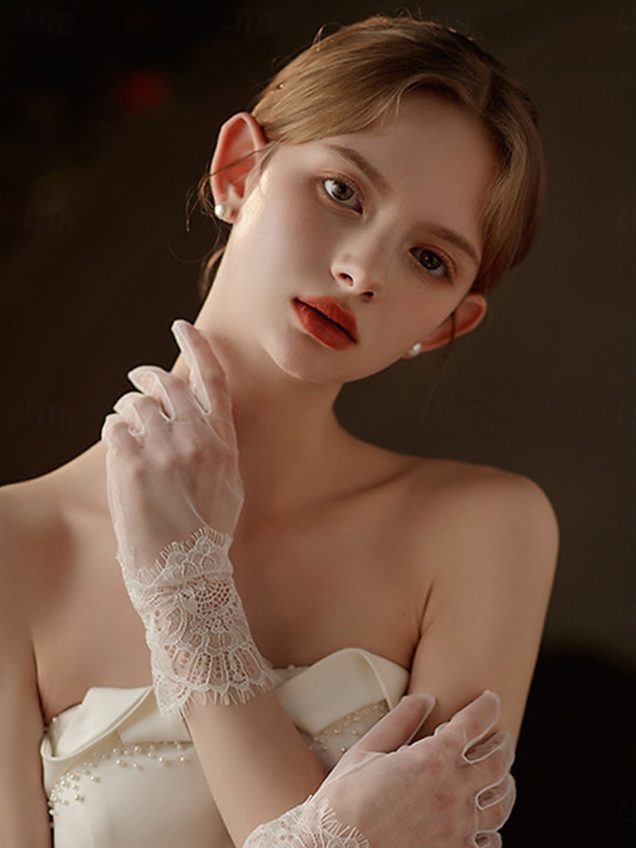 Spitzen-Handschuhe Handgelenklänge elegant  klassischer Stil mit einfarbig Hochzeit  Partykleid 2025 - $17.99 –P3