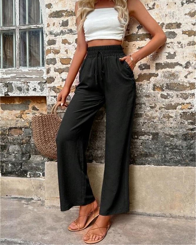 Жен. Шорты из хлопка и льна Брюки, вдохновленные льном Брюки из хлопка и льна Мода Уличный стиль Удобная обувь Полная длина Завышенная Полотняное плетение Кулиска Эластичная талия Прямая нога 2025 - $19.99 –P5