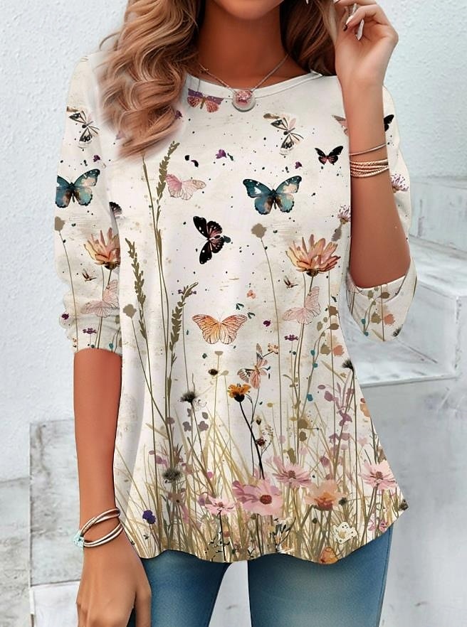 Dame T skjorte Blomstret Elegant Årgang Mote Langermet Crew-hals Vanlige topper Daglig Ut på byen Helg Trykt mønster matt-hvit Sommer Vår 2025 - $22.99 –P1