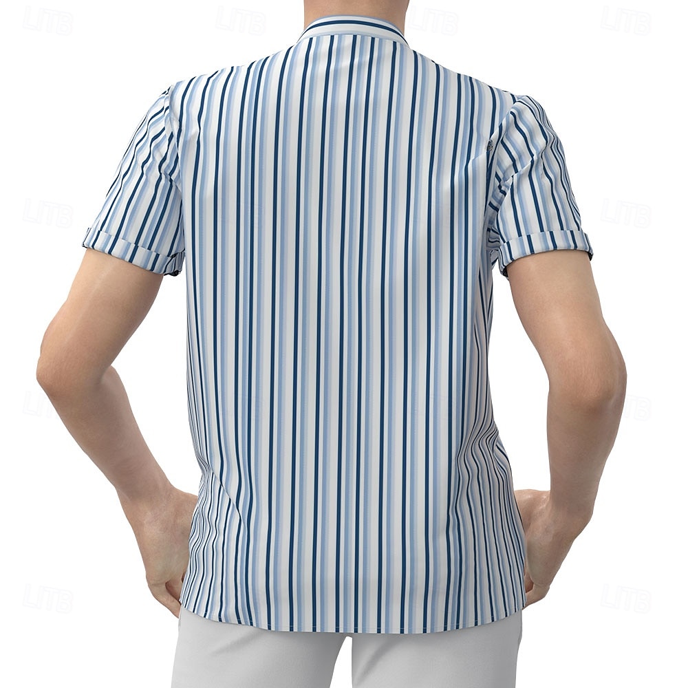 Per uomo Fantasia geometrica A strisce Camicia Camicia abbottonata Manica corta Moda Casual Da mare Per eventi Abbigliamento di strada Estate Primavera Colletto alla coreana Collare Henley Blu del 2026 a $25.99 –P2