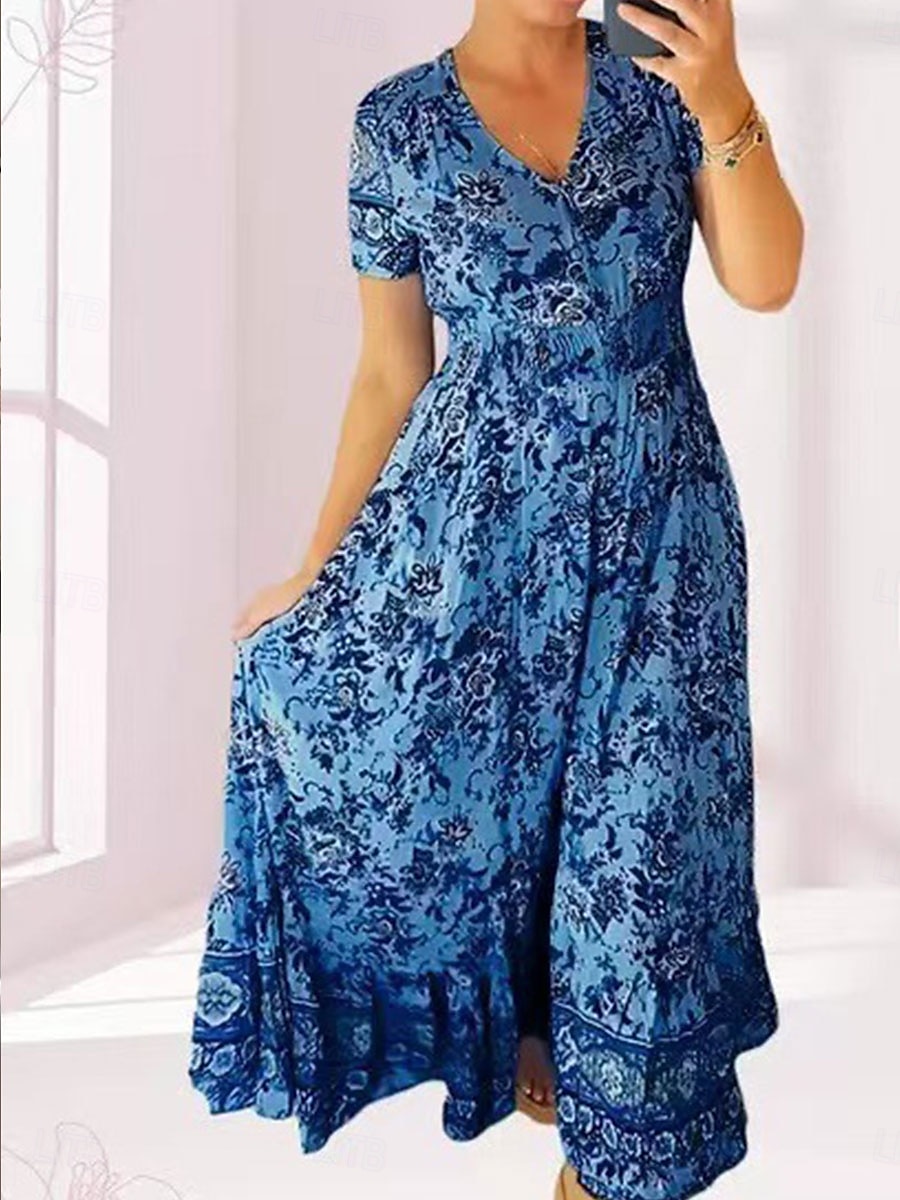 Női Maxiruha hétköznapi ruha Boho ruha Elegáns Stílusos Alkalmi Vakáció Hétköznapi Napi Normál Virágos Rövid ujjú V-alakú Arcpír rózsaszín Sötétkék Bíbor Világoskék Nyár Tavasz 2025 - $29.99 –P6