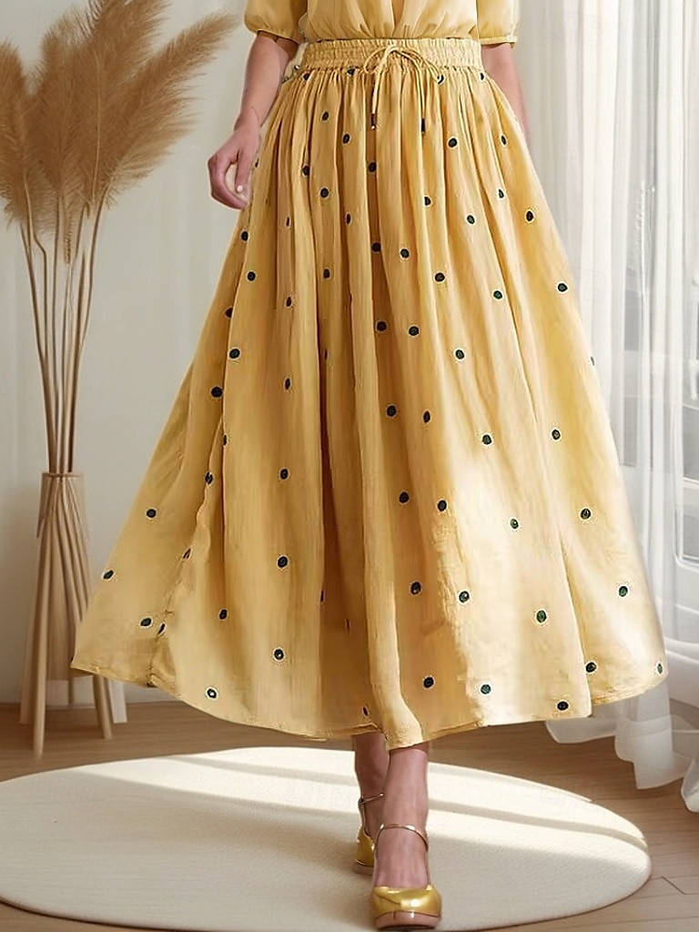 Dámské Asijská velikost A Houpačka Retro Na běžné nošení Midi Vysoký pas Sukně Puntíky Nabírané šaty Plisé Tisk Lehce elastické Dovolená Denní Námořnická modř Meruňková Žlutá Oranžová Jaro. Podzim 2025 - $24.99 –P2