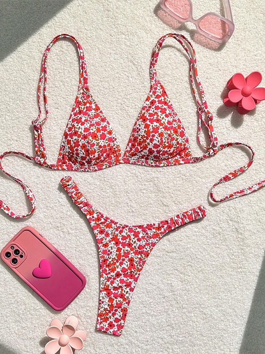 Dames Zwemkleding Bikini 2 stuks String Zwempak Blote rug Slank Vakantie Strand Kleding Bloemig V-hals Mouwloos Badpakken 2025 - $22.99 –P1