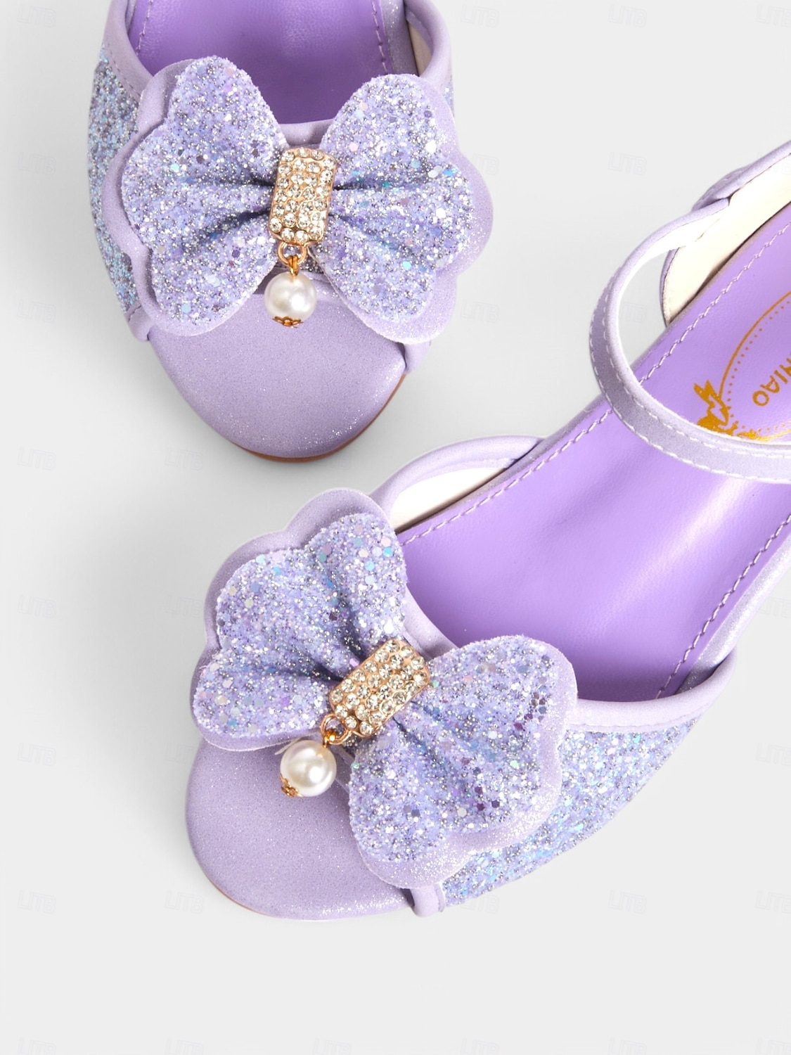 sandali da bambina con fiocco glitterato viola e accenti di perle, cinturino regolabile, perfetti per matrimoni, compleanni e occasioni speciali del 2025 a $32.99 –P3
