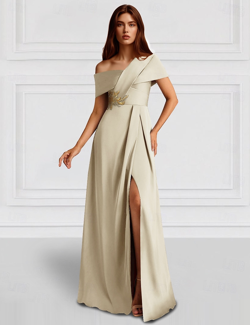 Robe de soirée A-Line élégante robe de mariage invitée de soirée longueur de sol sans manches épaule unique poche satin avec châle de 2025 ? $164.99 –P3