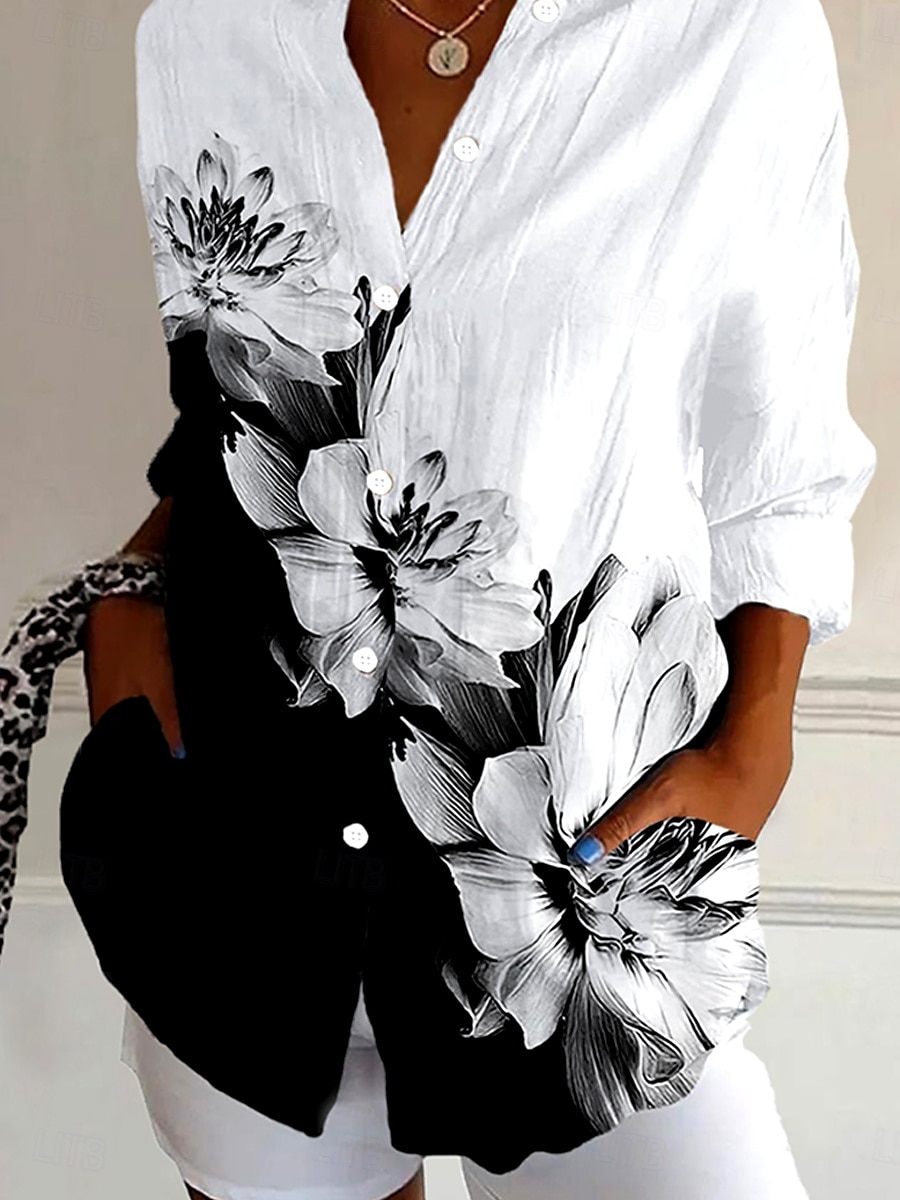 Camicia da donna a manica lunga in cotone blouse floreale grafica stile quotidiano retro vintage camicia a manica 3/4 colletto top regolari vacanze quotidiane uscire bottoni neri estate primavera del 2025 a $32.99 –P3