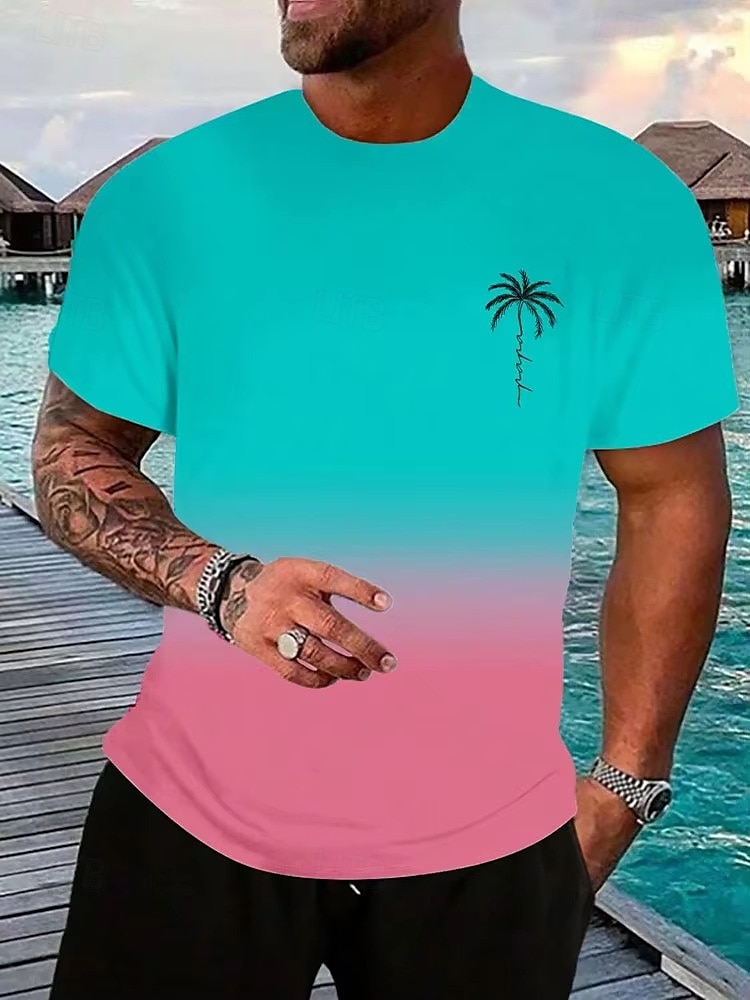 Herren T-Shirt Kurzarmshirt Kurzarm Rundhalsausschnitt Frühling & Herbst Kokospalme Buchstabendruck Mode Designer Ombre-Design Urlaub Straße Ausgehen Dunkellila Rosa und Grün Rosa Azul Top T-Shirt 2025 - $13.49 –P4