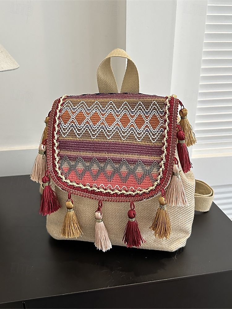 bohemisk tofsryggsäck med broderad design – snygg damryggsäck i canvas för vardags-, resor och festivalkläder 2025 - $14.99 –P6