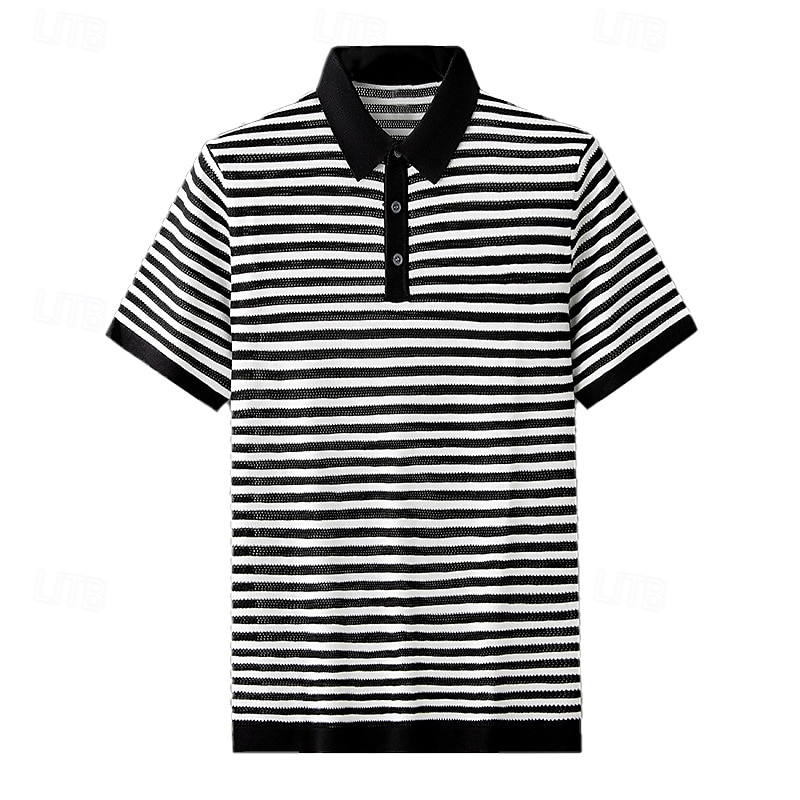 Men's Polo Knit Polo Sweater Business Casual Lapel Short Sleeve Formal Stripes Buttons Summer Black Light Green Dark Green Brown Polo 2025 - $30.99 –P1