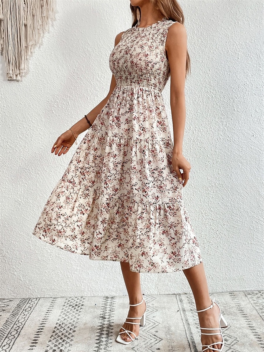 Damskie Sukienka midi Codzienne sukienki Sukienka A line Elegancki Codzienny Urlop Codzienny Regularny Kwiaty Bez rękawów Półgolf Czarny Biały Wino Lato Wiosna 2025 - $38.99 –P2