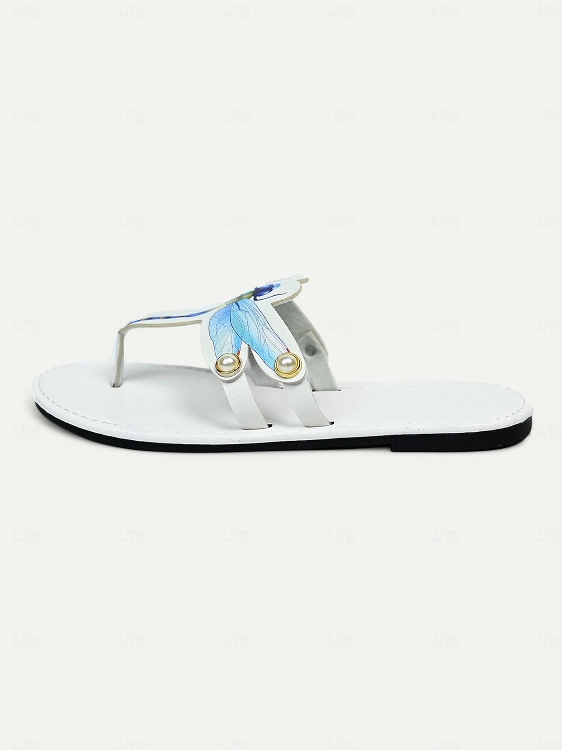 flache Sandalen mit schwarzer Libelle für Damen – dekorative Perlen und blaue Flügel, sommerliches Strandschuhwerk 2025 - $19.99 –P4