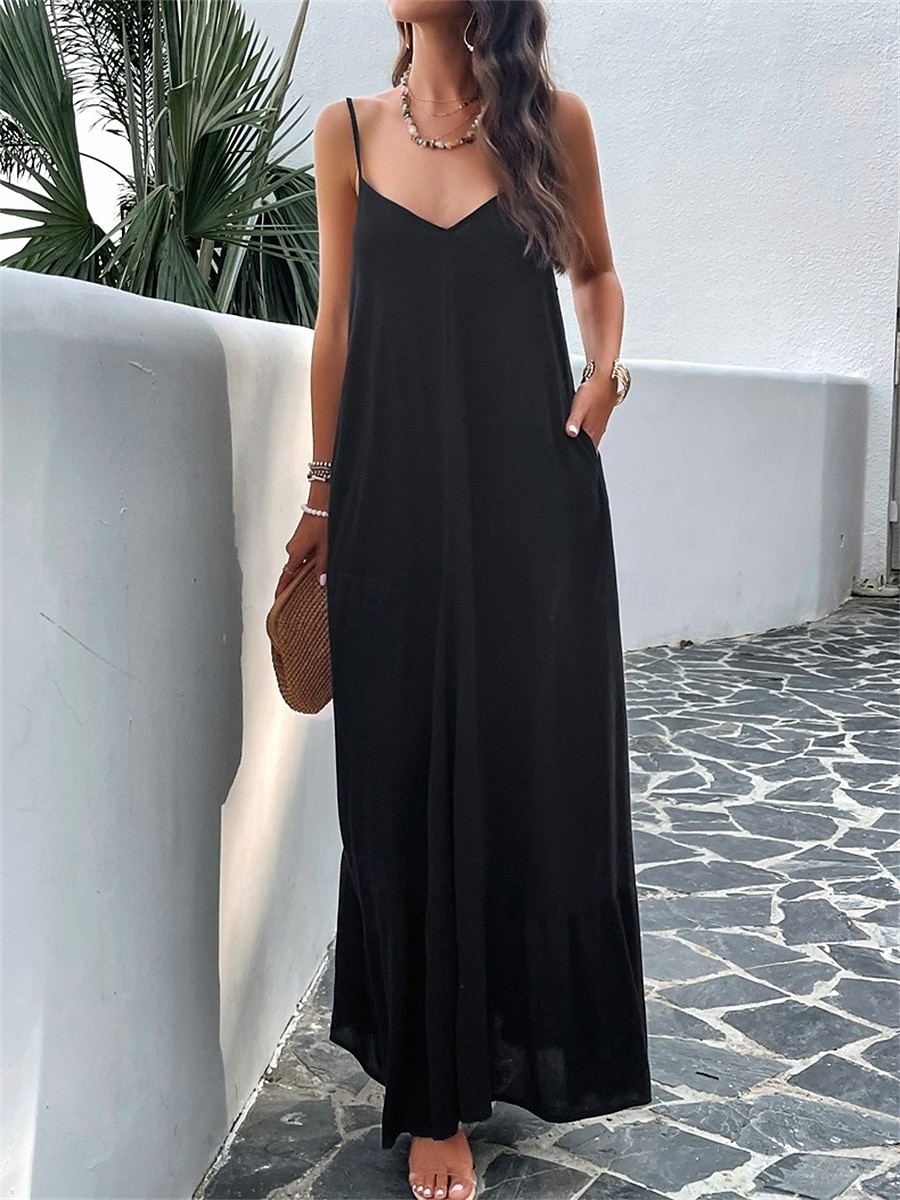 Damen Maxi Kleid Strandkleid Slip Kleid Urlaub Strandurlaub Unifarben Lässig Täglich Lockere Passform Grafik Ärmellos Träger Schwarz Rot Himmelblau Grün Sommer 2025 - $41.99 –P8
