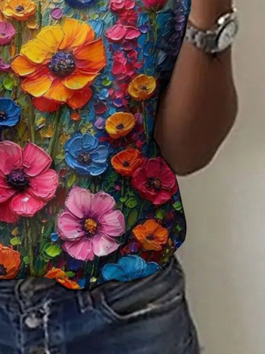 Dame T skjorte Blomstret Fargeblokk Fritid Kortermet Rund hals Vanlige topper Daglig Trykt mønster Regnbue Sommer 2025 - $19.99 –P3