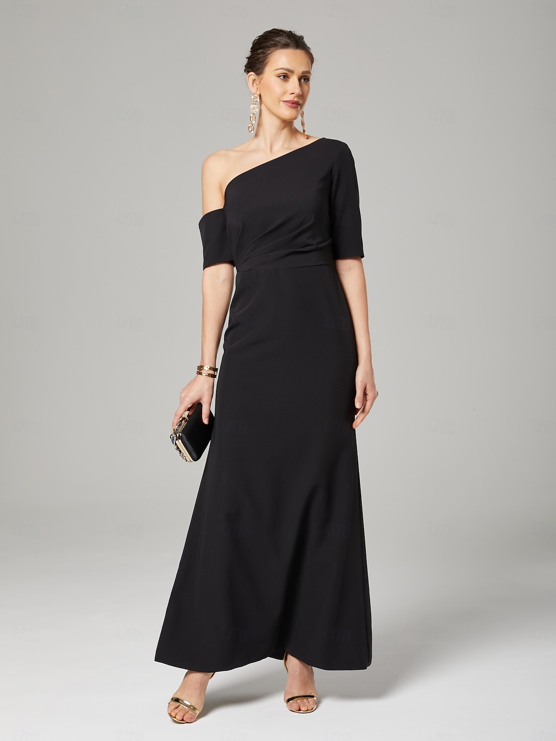 A-Linie Kleid der Brautmutter Elegantes Vintage Eine Schulter Bodenlanger Charmeuse 3/4 Länge Ärmel mit Rüschen Seitendrapierung 2025 - $159.99 –P4